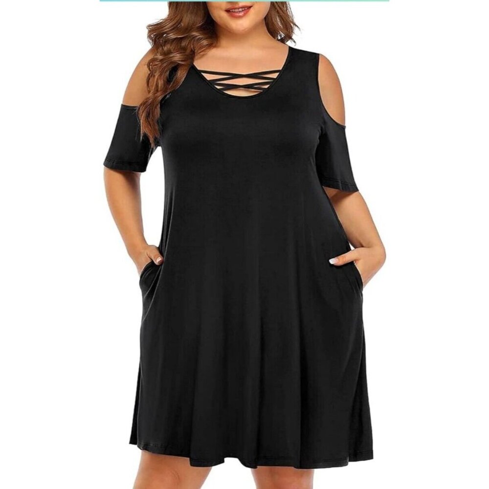 Pinup Fashion Women's S Black Cold Shoulder Mini T-shirt Dress Cross Cross NWT